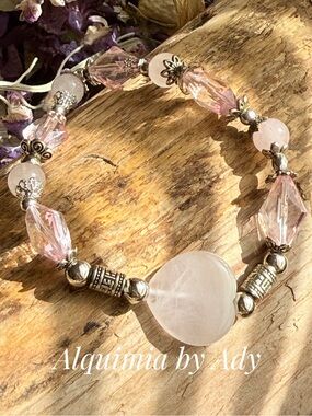 FALL Pink Rose Quartz & Crystal Bracelet with Silver Accents